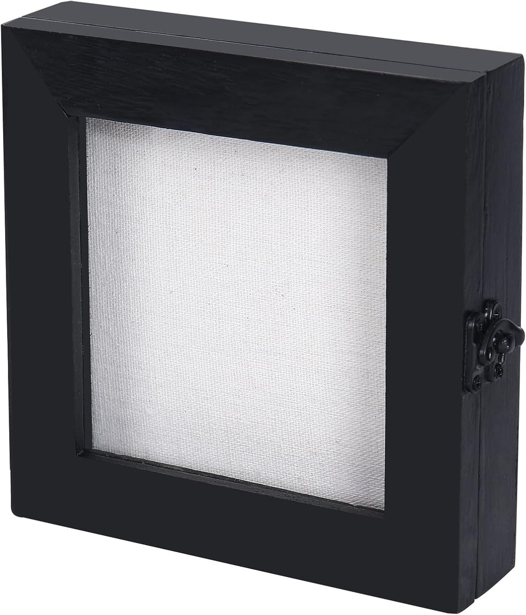 6x6 Small Shadow Box Frame with Glass, Hinged Door, Solid Wood, Black