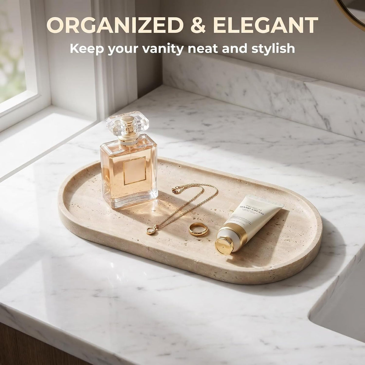 Travertine Bathroom Vanity Tray, 12"x6" Decorative Marble Tray for Kitchen Countertop, Elegant Stone Catchall Organizer for Perfume, Jewelry and Soap