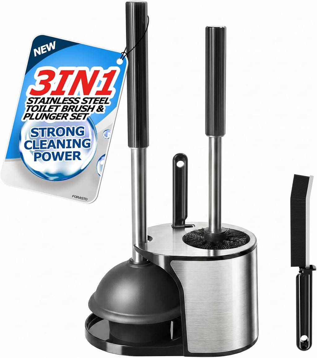 FORASTO 3in1 Stainless Steel Toilet Plunger and Brush Set - Bathroom Tools
