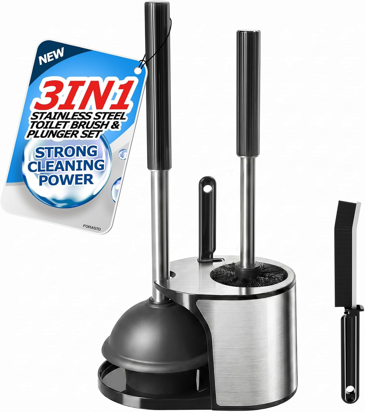 FORASTO 3in1 Stainless Steel Toilet Plunger and Brush Set - Bathroom Tools