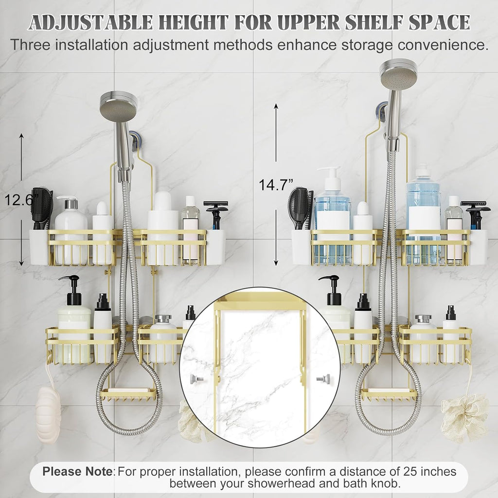 Shower Caddy Hanging for Bathroom Organizers and Storage - 3-Tier Adjustable Anti-Swing Shower Organizer Hanging with Heavy-Duty Suction Cups, Damage-Free Rustproof (Gold)