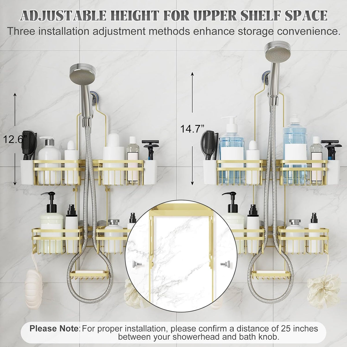 Shower Caddy Hanging for Bathroom Organizers and Storage - 3-Tier Adjustable Anti-Swing Shower Organizer Hanging with Heavy-Duty Suction Cups, Damage-Free Rustproof (Gold)