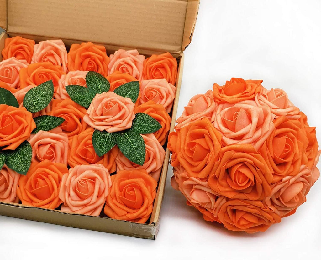 Artificial Flowers 50PCS Real Looking Mixed Vivid Orange Fake Roses with Stem for DIY Wedding Bouquets Centerpieces Baby Shower Party Home Decorations