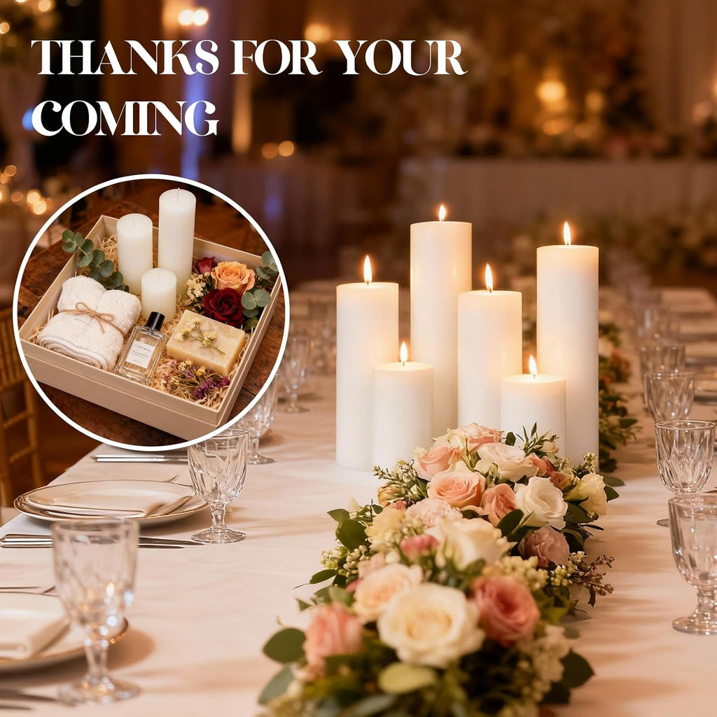 18 Pcs White Pillar Candles Bulk Set，Hurricane Candles，2x3 2x6 2x8 Inch - 12 Each Size，Dripless Unscented Smokeless，Gives You a Better Atmosphere When Organizing an Event Party.