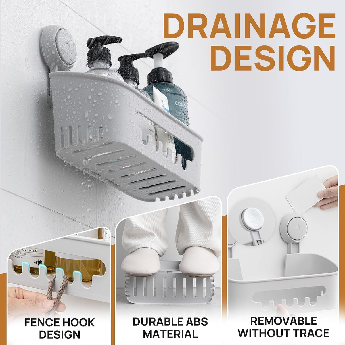 LEVERLOC Shower Caddy Suction Cup, Bathroom Shower Organizer, Grey