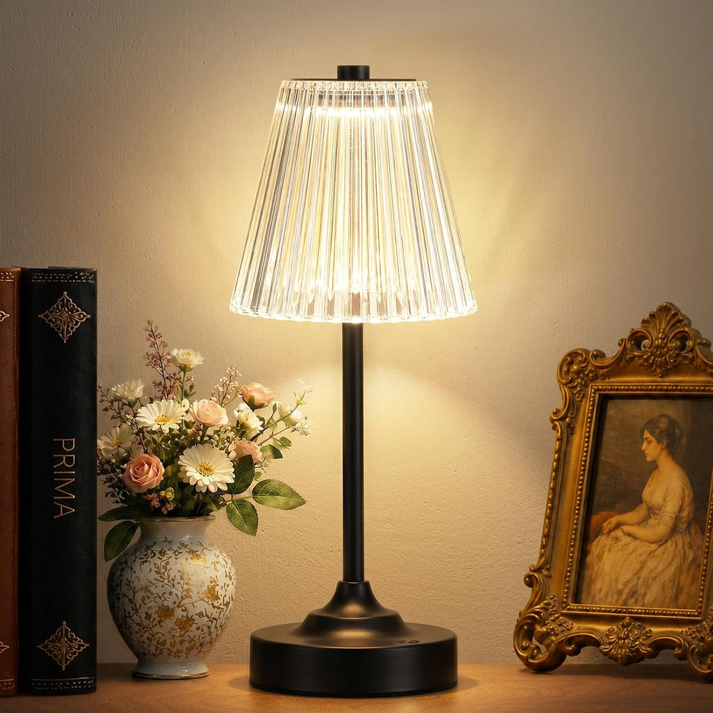 Black Cordless Rechargeable Table Lamp, Touch Battery Powered Lamp, 3 Color Modes, Crystal Acrylic Lampshade, Portable Ambient Night Light for Desk, Bedroom, Living Room, Dining Room, Kitchen, Bar