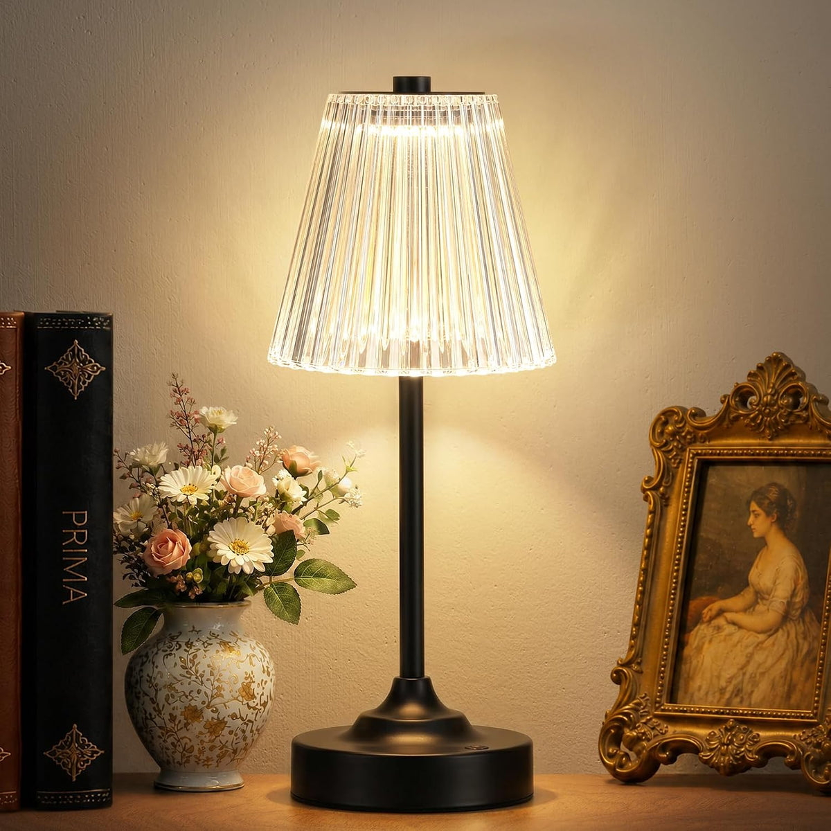 Black Cordless Rechargeable Table Lamp, Touch Battery Powered Lamp, 3 Color Modes, Crystal Acrylic Lampshade, Portable Ambient Night Light for Desk, Bedroom, Living Room, Dining Room, Kitchen, Bar