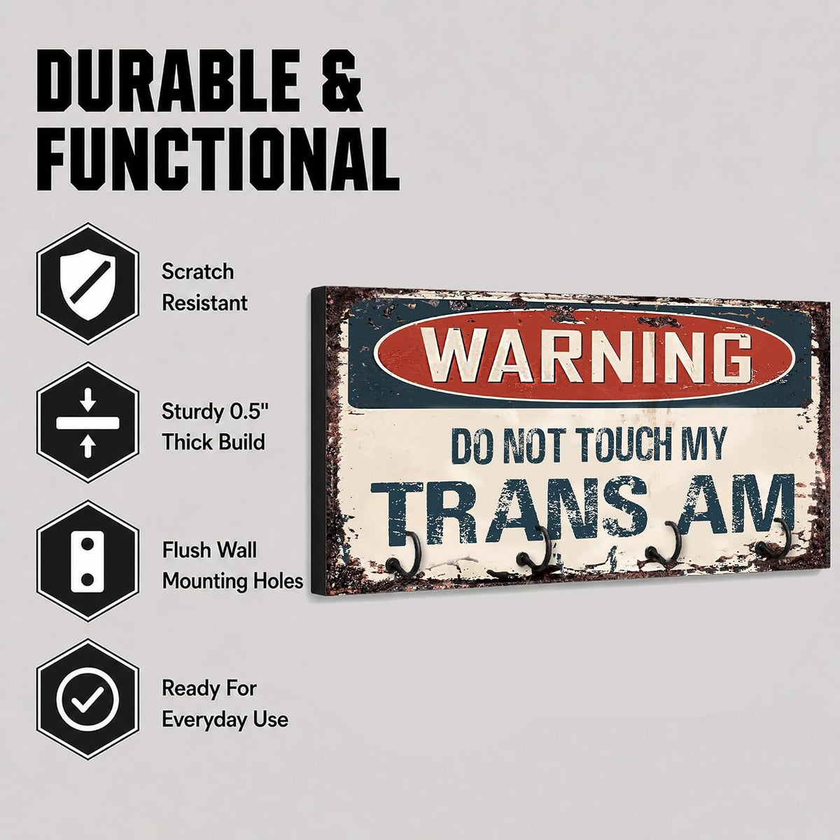 Compatible with Trans Am Warning Do Not Touch My Trans Am Rusty Grunge Old Antique Design Key Hanger Organizer Wall Mount Rack For Holders Home Keys Ring Decorative Hangers Decor Hook Holder