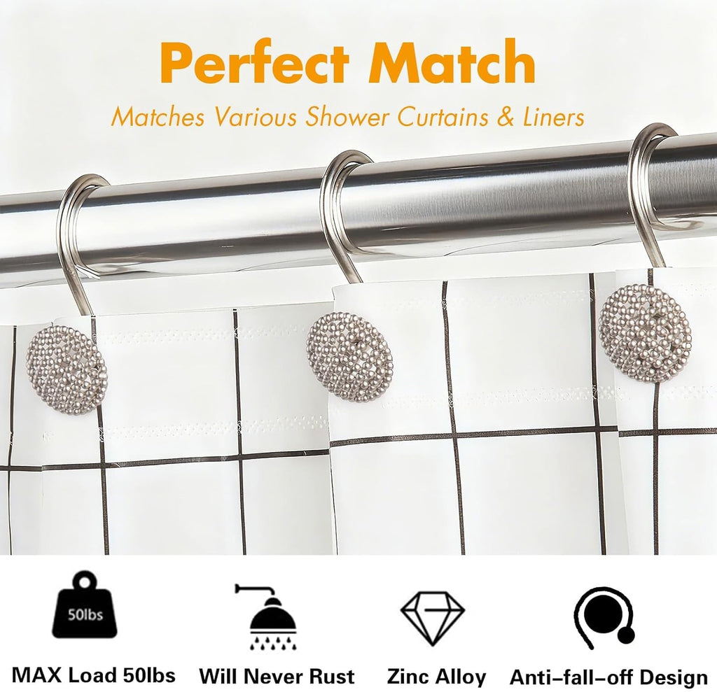 Pearlbee Nickel Shower Curtain Hooks,12pcs, Heavy Duty Rings for Shower Rod