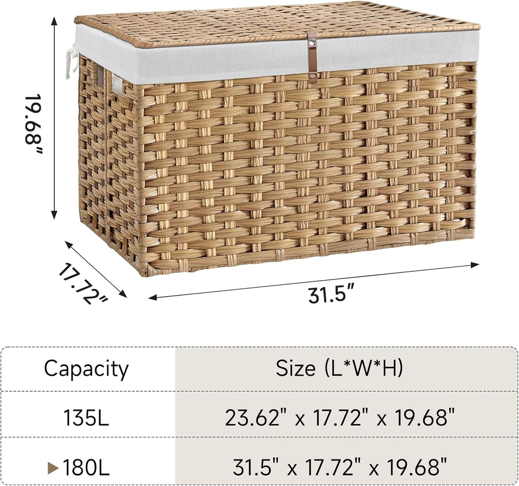 180L Wicker Storage Basket with Lid, Handwoven Rattan Large Shelf Basket with Removable Liner, 47.6 Gallon Wicker Basket for Blanket, Storage Trunk with Handle for Closet, Bedroom, Livingroom, Natural