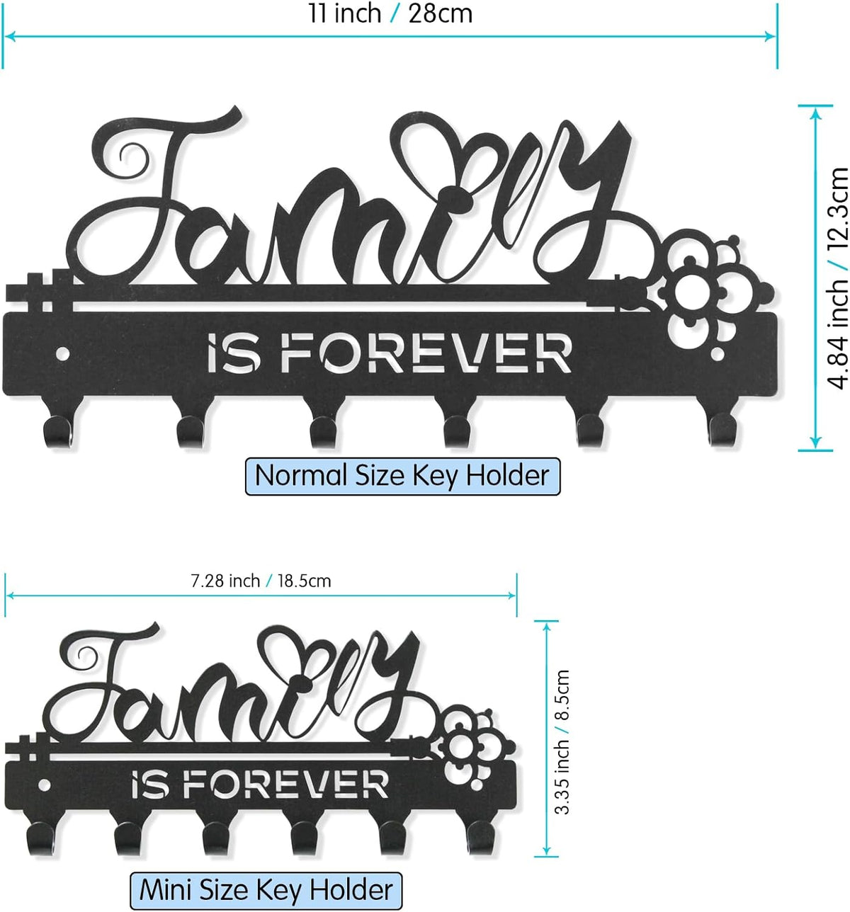 ”Family Is Forever“Key Holder Wall Mounted, Black Metal, Size:11x4.84inches