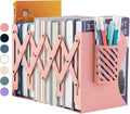Kingsmile Book Ends, Adjustable Heavy Duty Metal Book Stoppers with Pen Holder for Desk Office Library Kids Room(Pink)