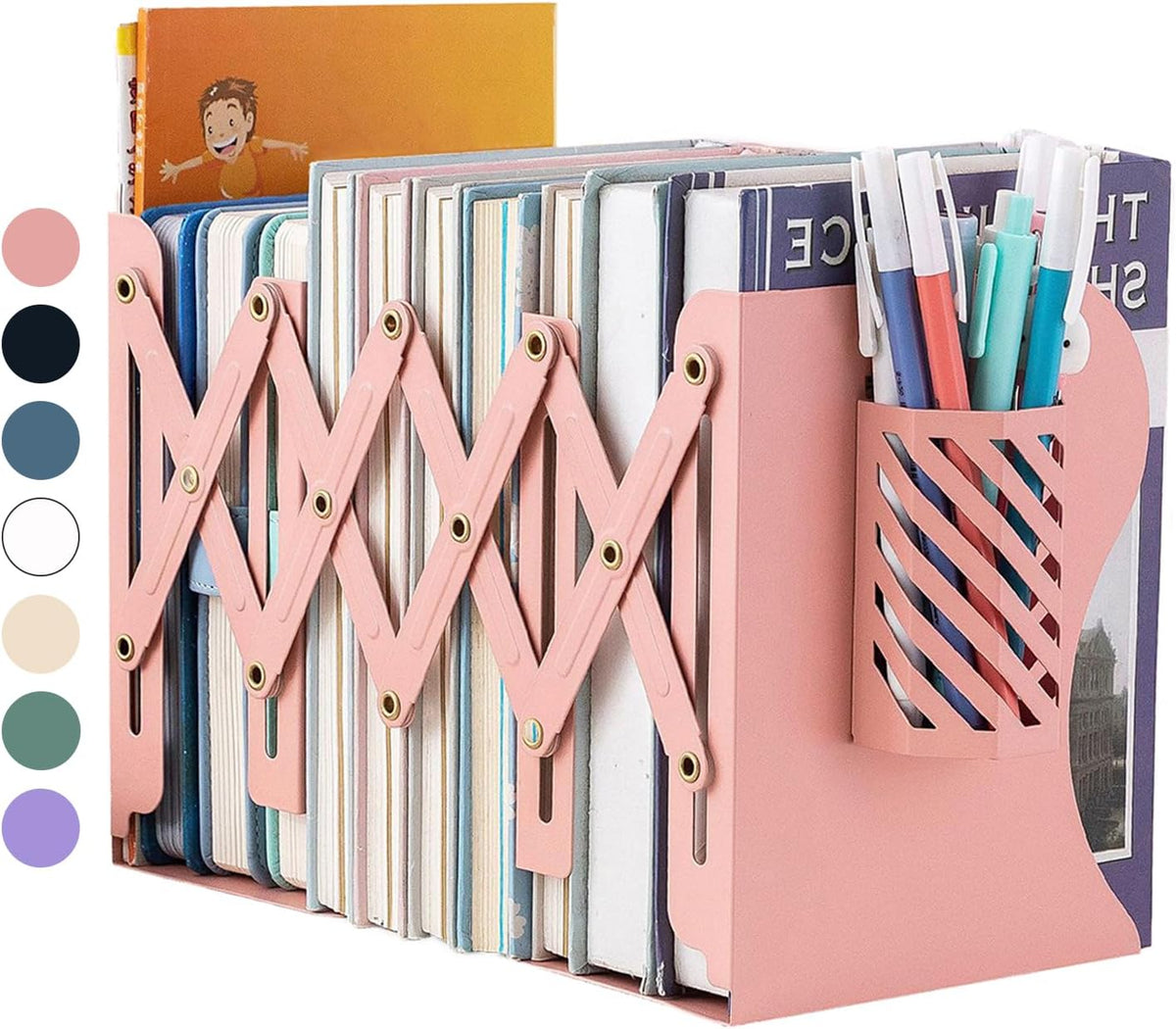 Kingsmile Book Ends, Adjustable Heavy Duty Metal Book Stoppers with Pen Holder for Desk Office Library Kids Room(Pink)