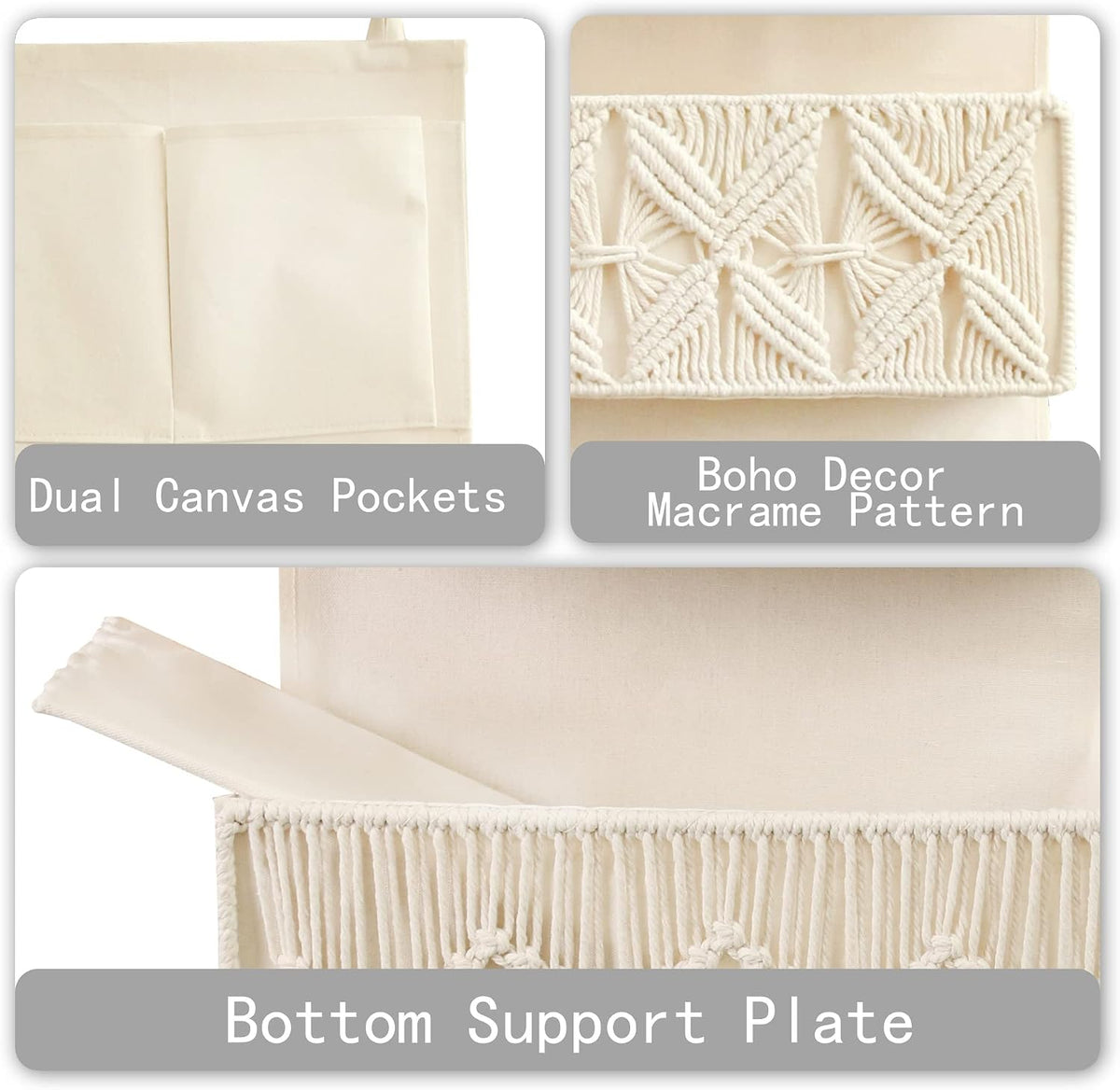 FEILANDUO Over The Door Organizer Boho Macrame Closet Organizers and Storage with 3 Large Woven Pockets Behind Door Organizer for Nursery, Pantry, Bathroom, Bedroom, Dorm (Ivory)