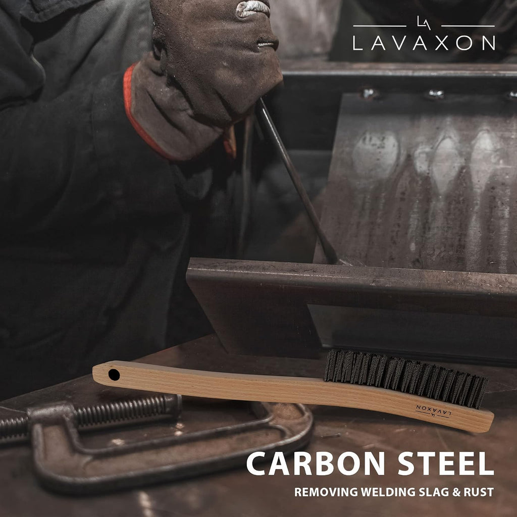Lavaxon Wire Brush Set-Heavy Duty Stainless & Carbon Steel Bristles with Wood Handle Grip for Rust, Wielding Slag, Dirt & Paint Scrubbing with Deep Cleaning – 14 Inches (Pack of 2)