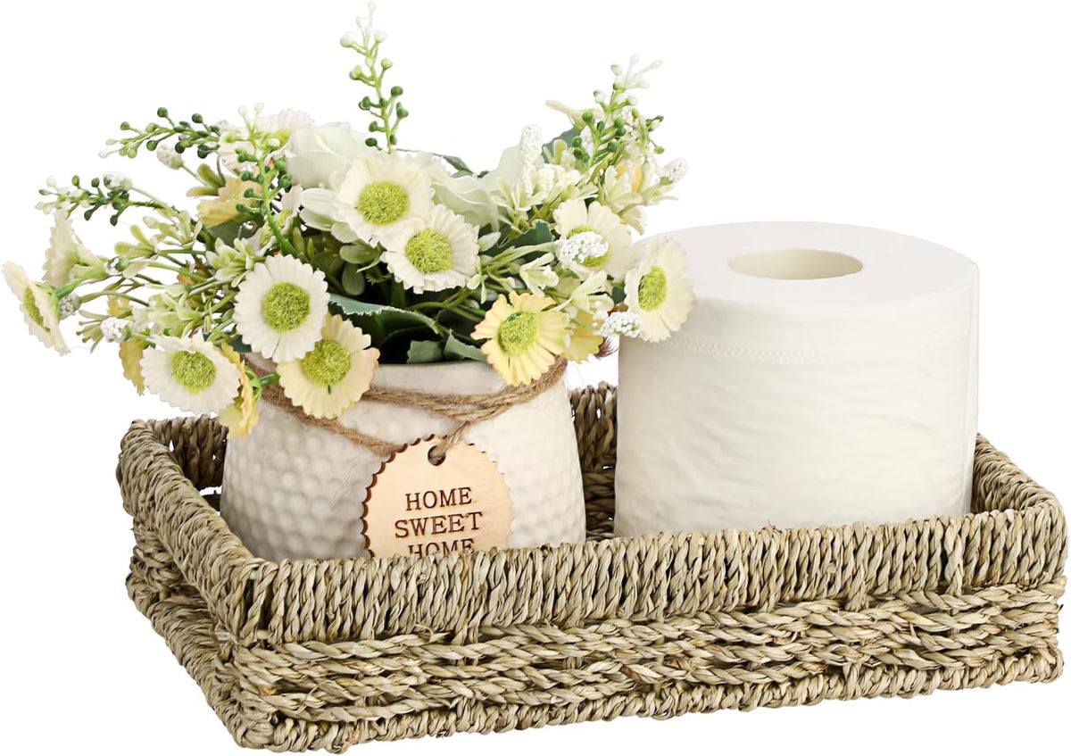 Bathroom Vanity Tray, Seagrass Narrow Counter Basket with Handles