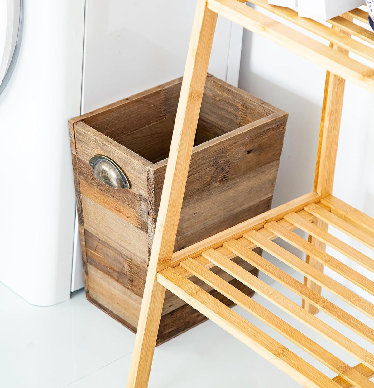 Small Wood Trash Can, Farmhouse Rectangular Garbage Can Waste Basket, Rustic Distressed Reclaimed Wood Wastebasket, Vintage Wooden Trash Recycling Bin Storage Basket with Metal Handles (Natural)