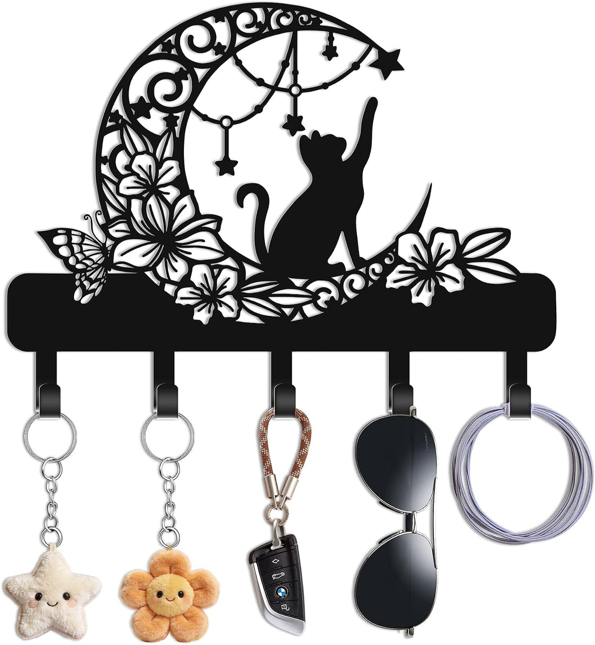 Cat Key Holder for Wall, Cat on Moon Entryway Decorative Key Hooks