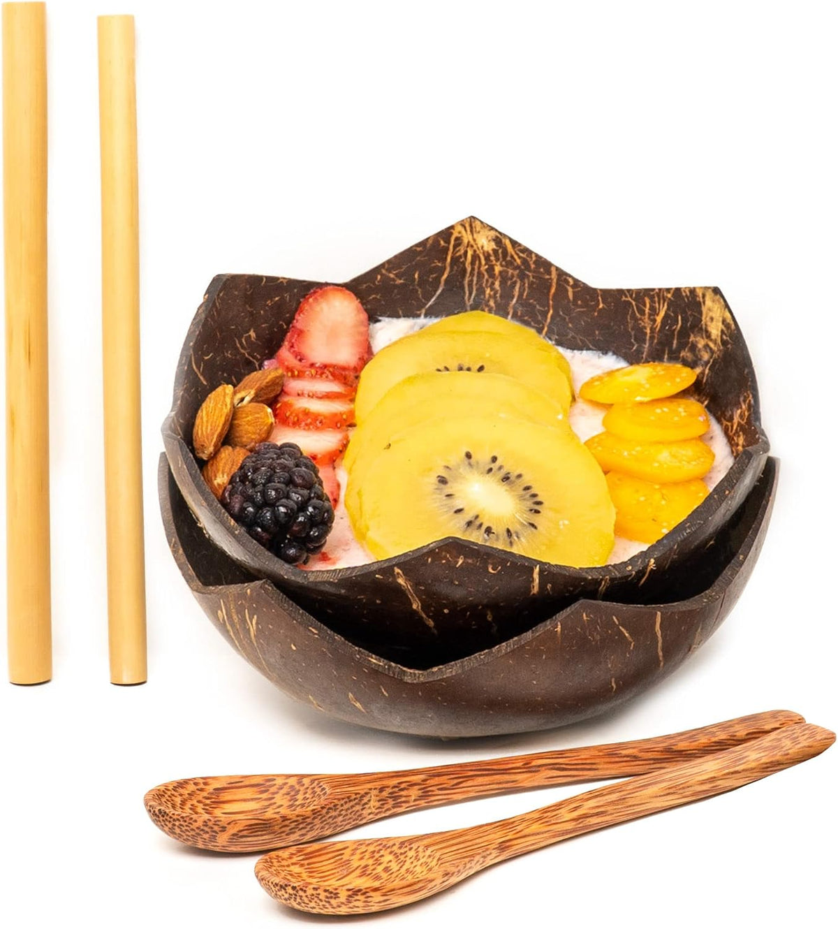 Rainforest Bowls Set of 2 Jumbo Star Coconut Bowls, 2 Wooden Spoons & 2 Reusable Bamboo Straws - 100% Natural, Hand Carved by Artisans, Eco-Friendly & Sustainable - Smoothie/Acai/Salad Bowls