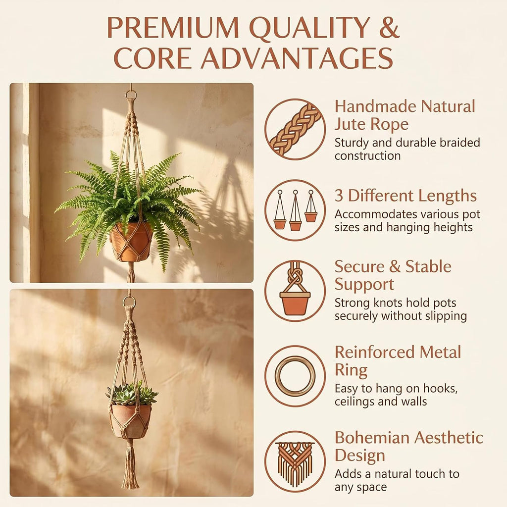 VASANA 3Pcs Macrame Plant Hanger Rope with Gold Hook Tassel3 Different Size Outdoor Indoor Hanging Planter Basket Decorative Flower Pot Holder for Boho Home Decor (Pots Not Included)