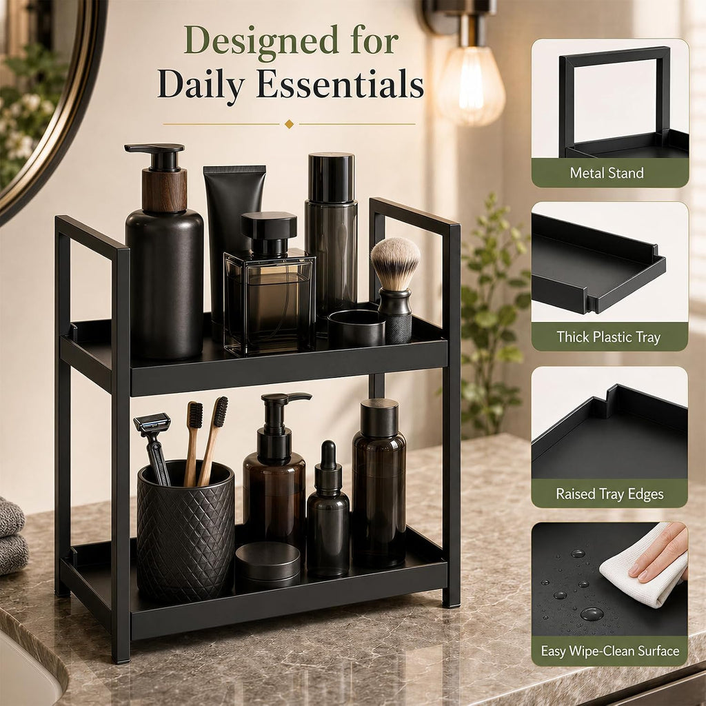 2 Tier Mens Bathroom Counter Shelf Organizer for Skincare Makeup