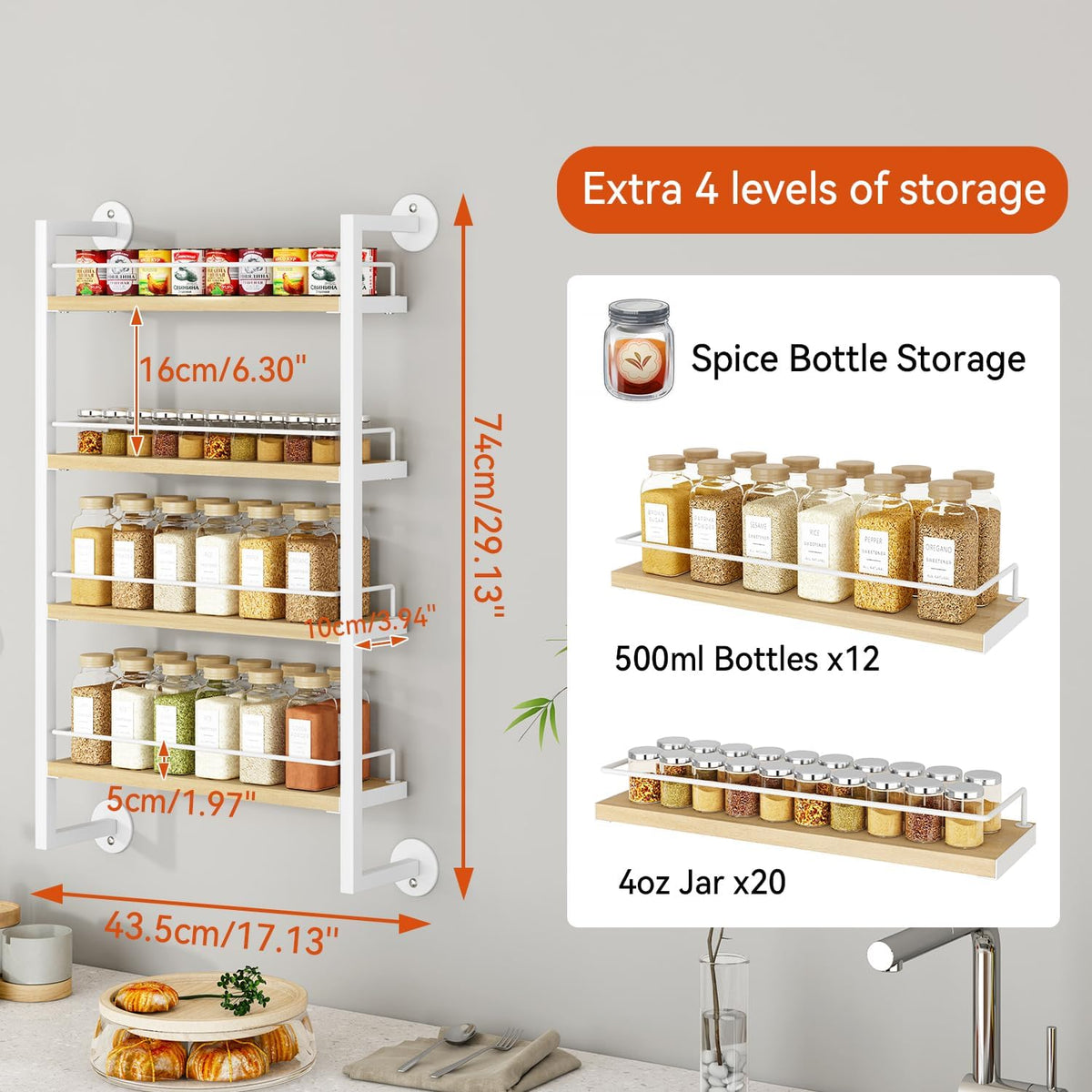 IBUYKE 4 Tier Spice Rack Wall Mount for Kitchen,Natural TLJ016R