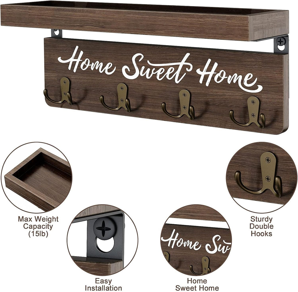 buways Key Holder Wall Mount with 8 Hooks and Cozy Home Sign (Brown)