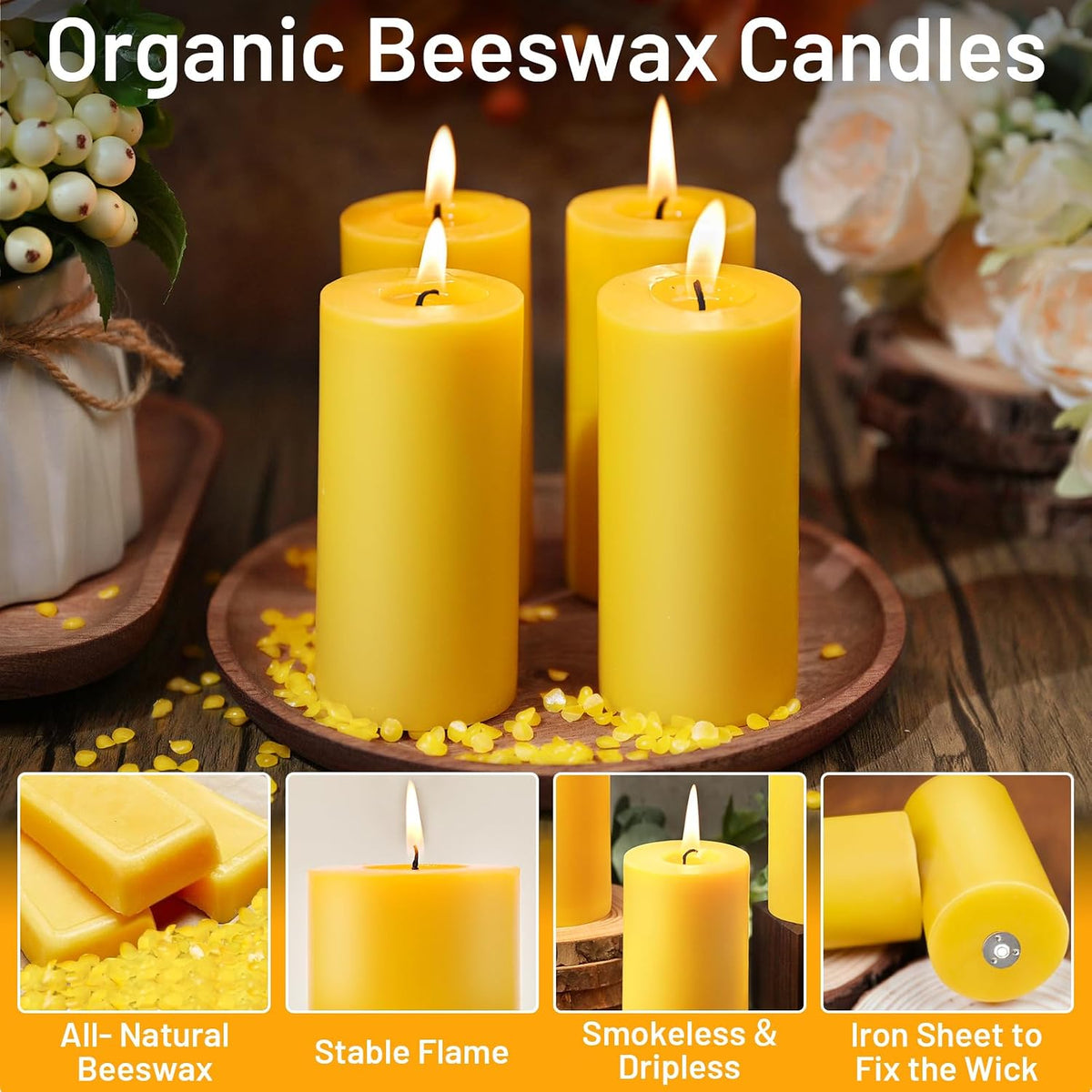 6 Pack Natural Beeswax Pillar Candles, Organic Unscented Candles