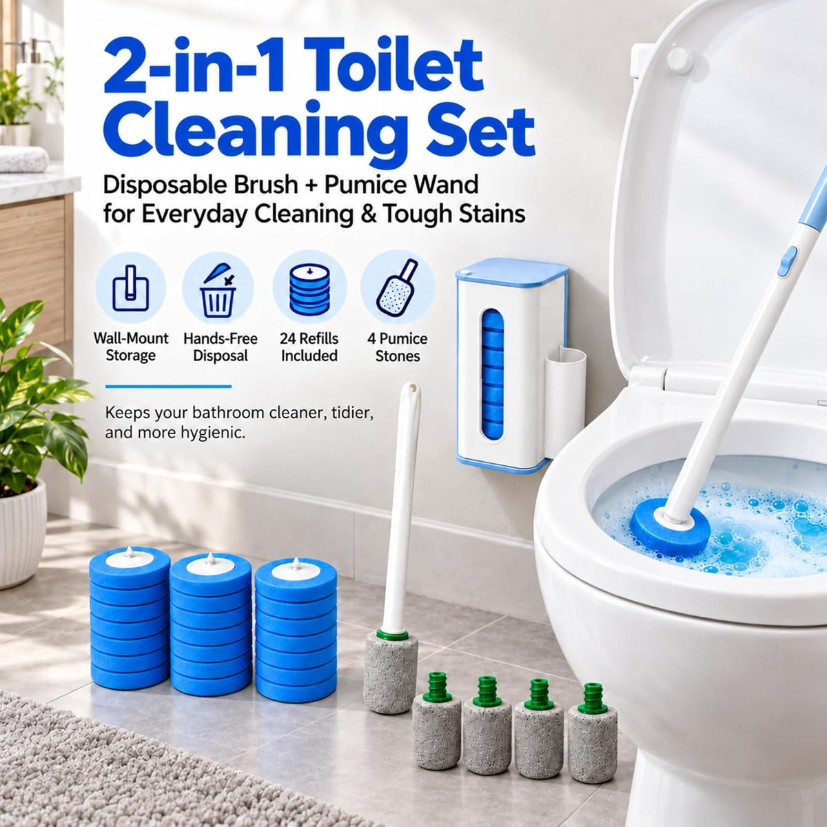 Disposable Toilet Brush 24 Refills & Pumice Stone Toilet Bowl Cleaner 5Pack