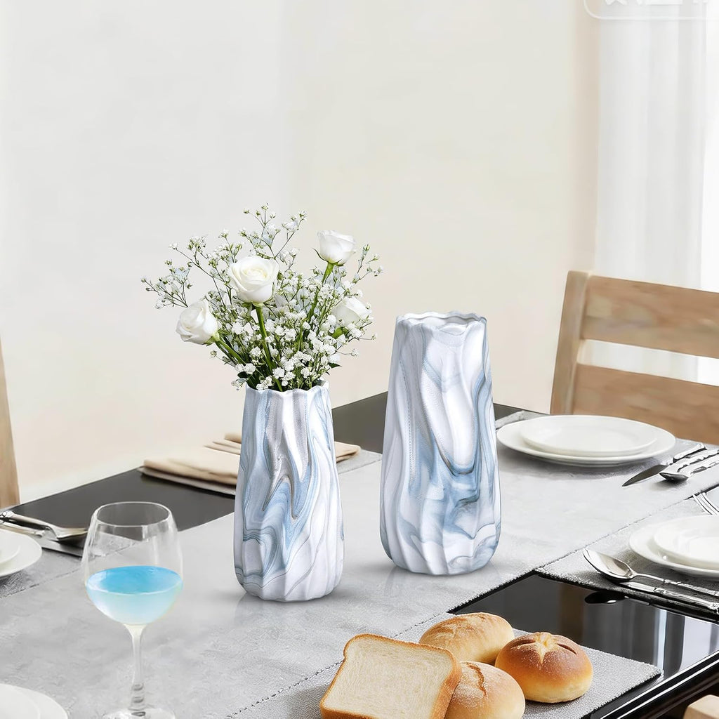 Ceramic Vase Set of 2, Blue and White Wave Vases Coastal Decor