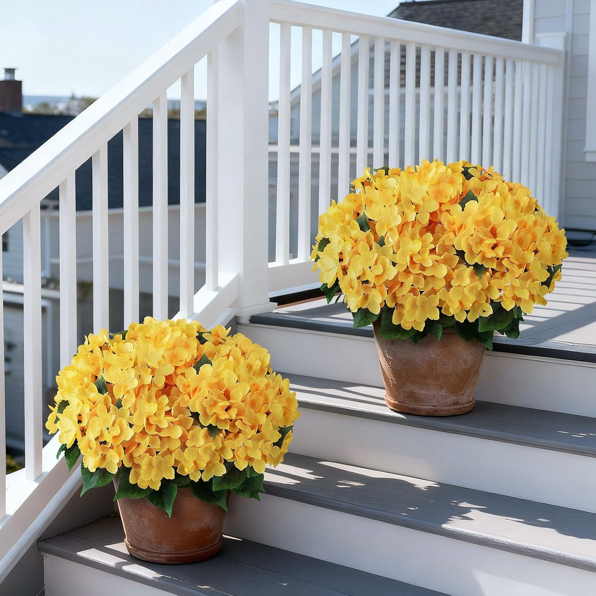 2 Sets Artificial Hydrangea Flower Topiary Ball Trees for Porch (Yellow)