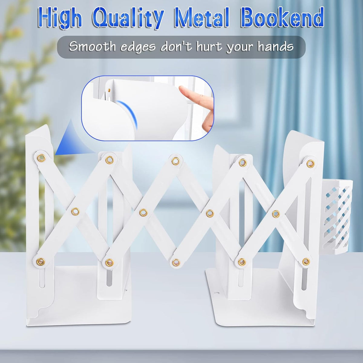 Heavy Duty Book Ends to Hold Books with Pen Holder, Adjustable Bookends, Metal Book Ends for Shelves, Black Book Holders Binder Organizer for Bookshelf Desk - White