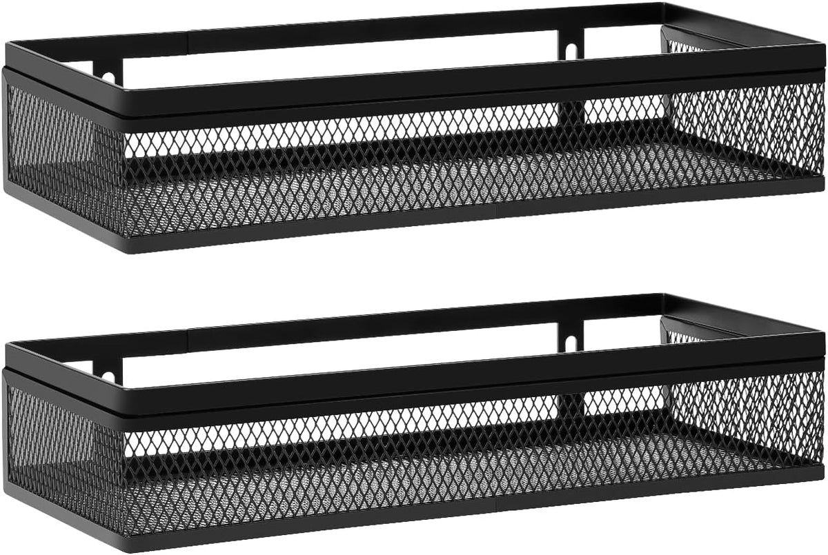 Hanging Wall Mount Storage Baskets with Adhesive Hooks & Screwing, Metal Wire Organizer Baskets for Home Decor, Kitchen, Bathroom, Pantry, Laundry, Closet, Garage, RV Black 2 Packs (Netting)