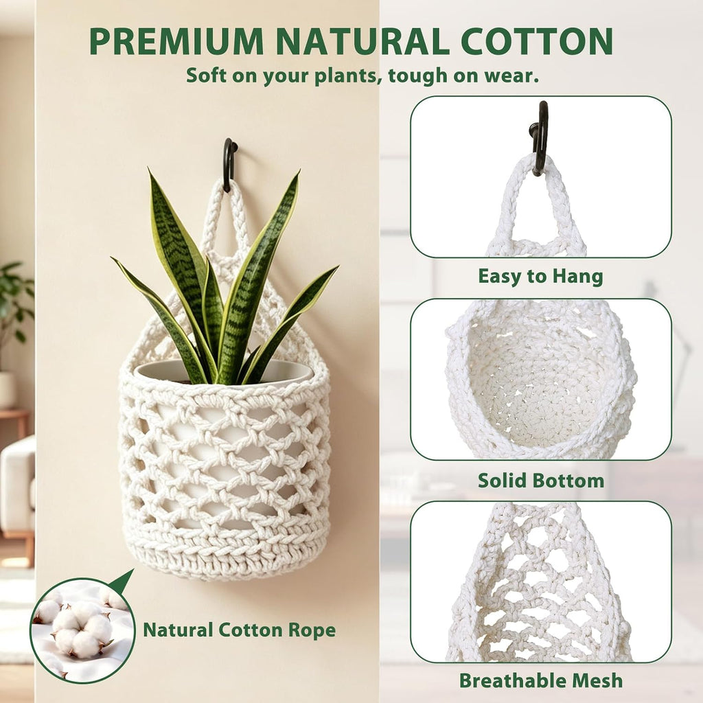 4-PCS 5 Inch Macrame Wall Plant Hangers, Small Wall Hanging Plant Holder for 4"–5" Pots, Natural Cotton Rope Hanger for Indoor Plants & Daily Storage, Boho Home Decor