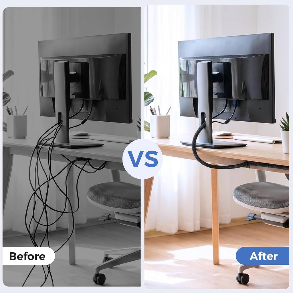 Delamu 30ft - 1/2 inch Cable Sleeve Cord Protector from Pets No Chew, Split-Braided PVC Wire Loom Tubing for Desk Computer USB TV Cord Organizer, Easy Set-up Cable Management Sleeve Kit, Black