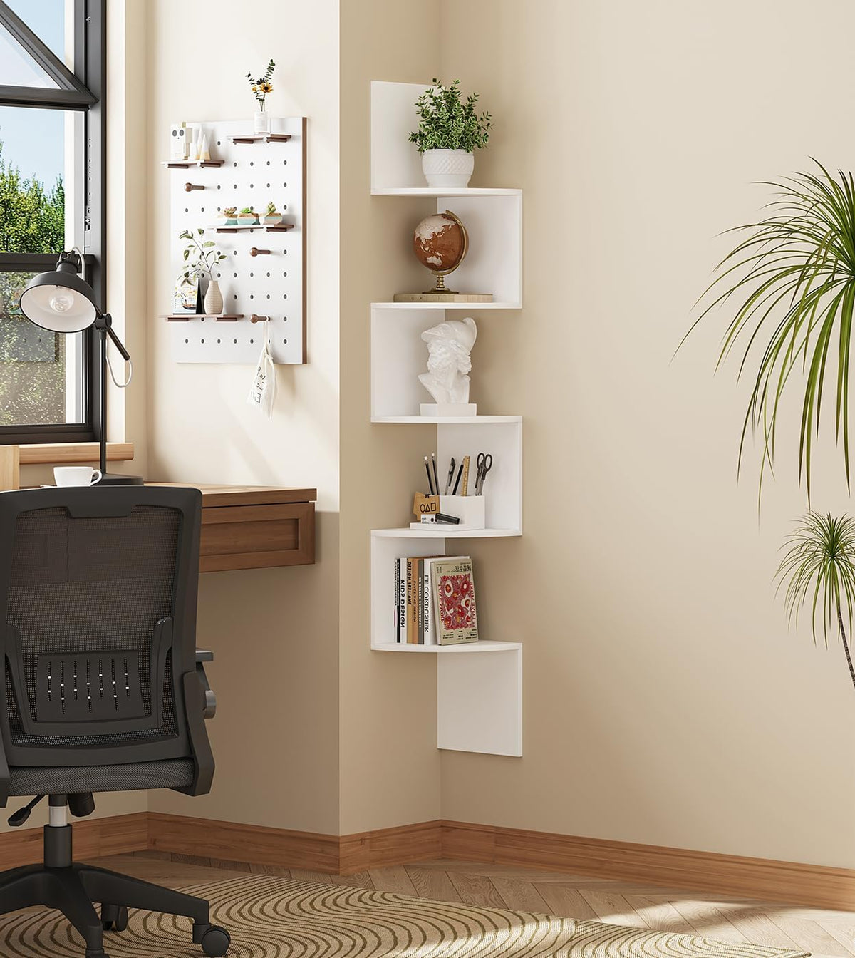 VIMBER 5-Tier Corner Shelf Wall Mount, Corner Bookshelf, Industrial Corner Ladder Shelf, Modern Display Shelf for Living Room, Bedroom, Kitchen, Home Office, Bathroom, White UJSJ003W