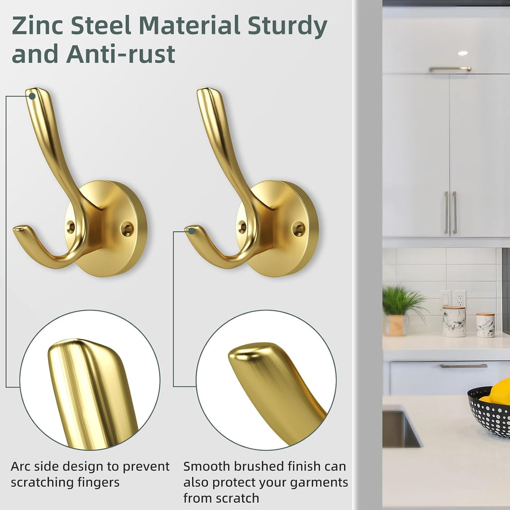 4 Pack Gold Coat Hooks Greenish Satin Brass Double Towel Hooks