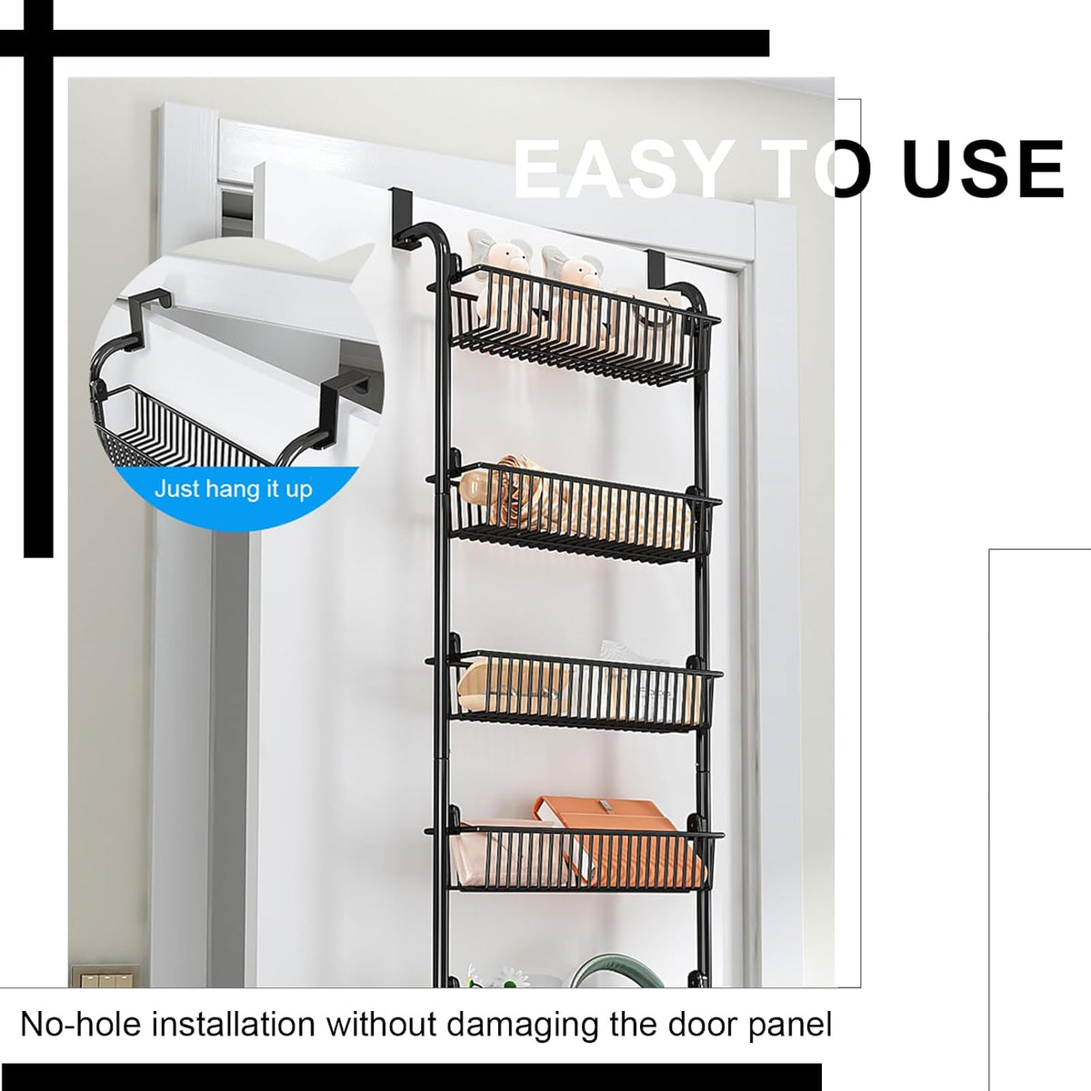 Over the Door Organizer, Metal Behind Door Hanging Storage, Toys Umbrellas Bags Organizer Rack, Large Capacity Organizer for Bedroom Bathroom Kitchen Pantry Closet Cabinet (Black,Six-Tier)