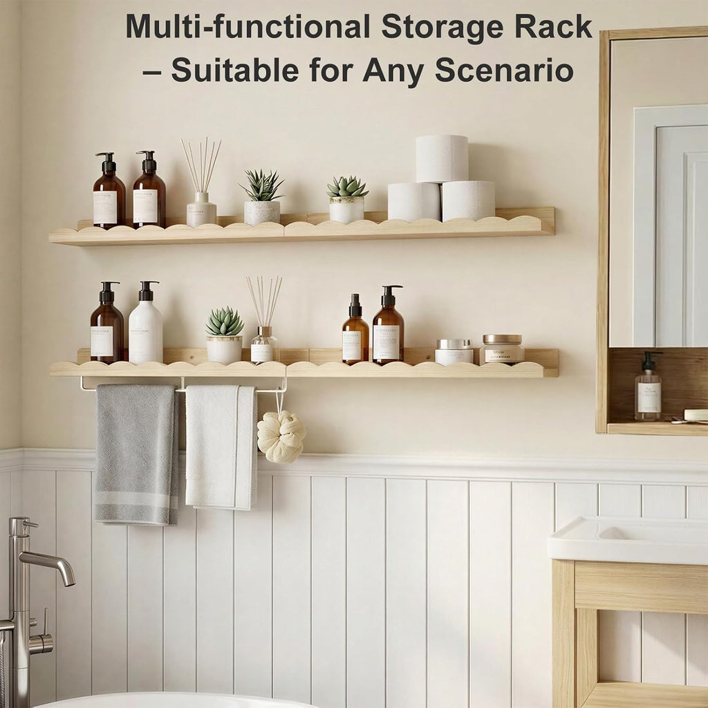 Fixwal Nursery Shelves, 24 Inch Floating Bookshelves for Wall Set of 4, Scalloped Wall Book Shelves with Towel Rack for Kids, Toddler Room, Baby Room, Nursery Decor and Storage(Natural Wood)