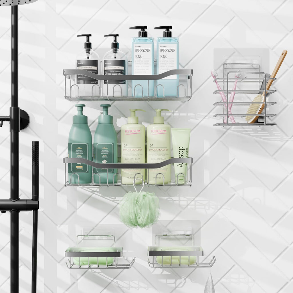 Clara Clark Shower Caddy Adhesive Organizer - Large Capacity Shower Rack, Rustproof Stainless Steel Shelves for Bathroom Storage & Home Decor