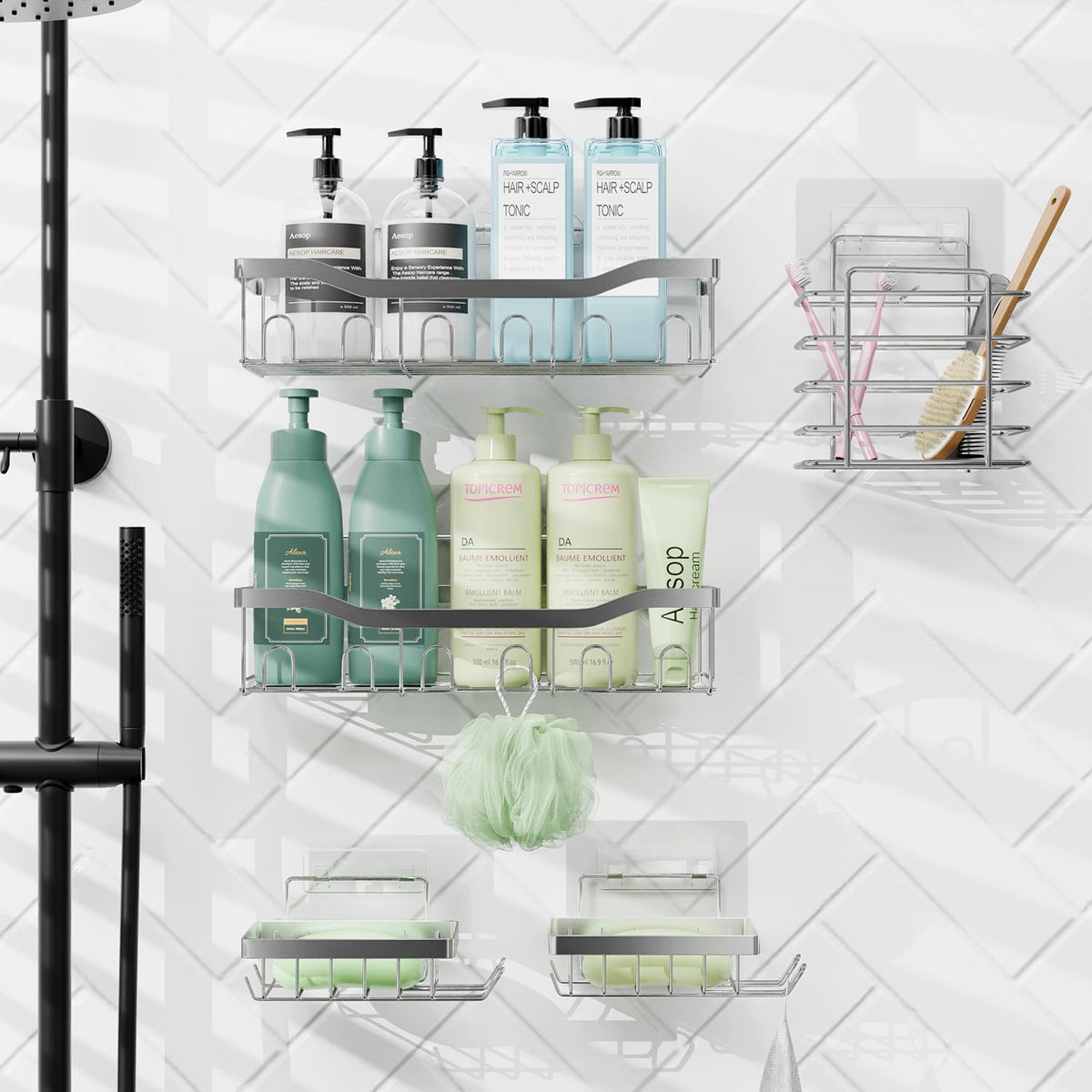 Clara Clark Shower Caddy Adhesive Organizer - Large Capacity Shower Rack, Rustproof Stainless Steel Shelves for Bathroom Storage & Home Decor