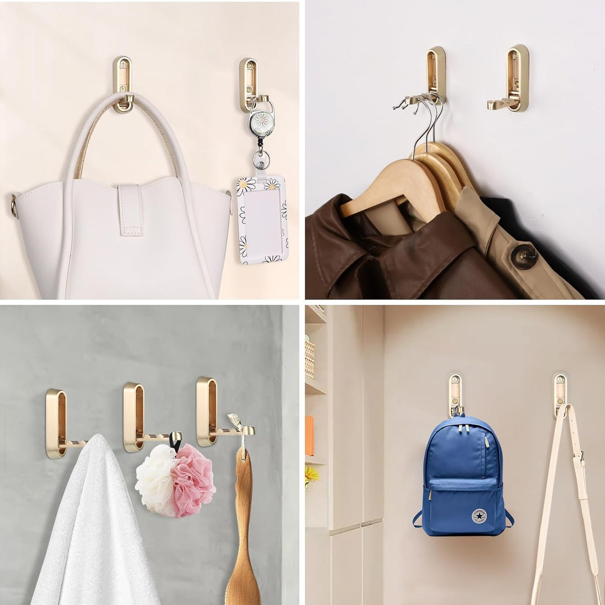 Foldable Wall Hook, Gold, 4 Pack, Screw Mounted, Heavy Duty Coat Hooks