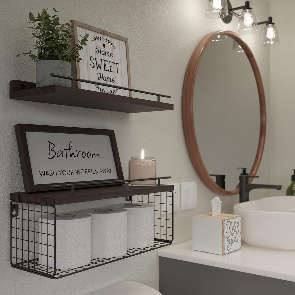 WOPITUES Floating Shelves for Bathroom Decor Art, Rustic Brown