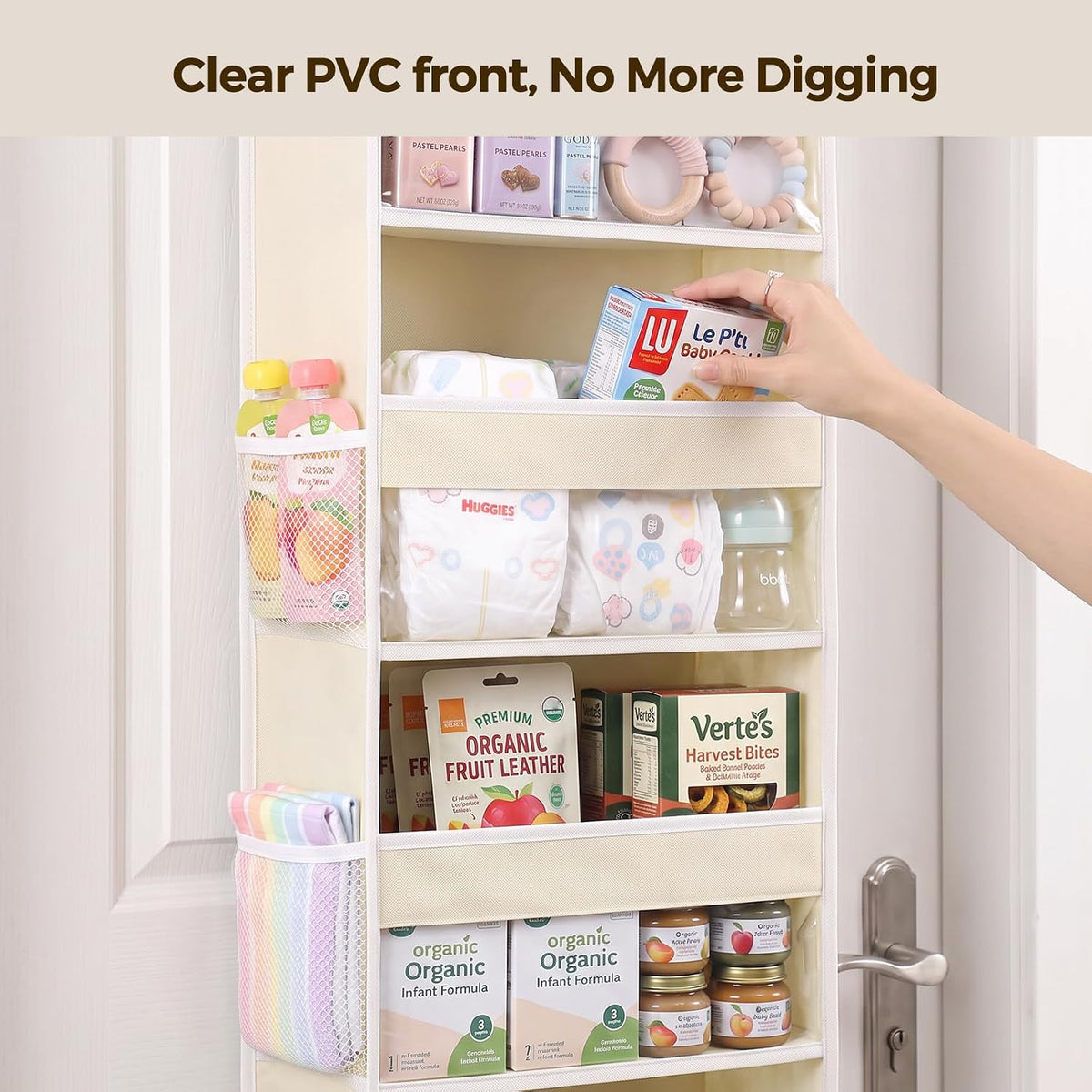 LAMU Over the Door Organizer, Large Capacity Behind the Door Storage with Clear PVC Windows, Back to School Supplies, Stuffed Animal Storage for Dorm Closet Nursery Bathroom Pantry, 4 Tier Cream White