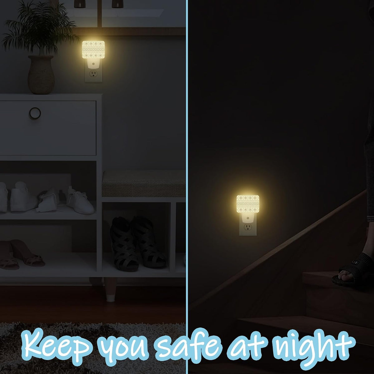 Night Light Traditional Ethnic Texture Plug-in Wall LED Night Lamp with Dusk-to-Dawn Smart Sensor Lamp for Adult Bedroom Living Room Hallway Kitchen