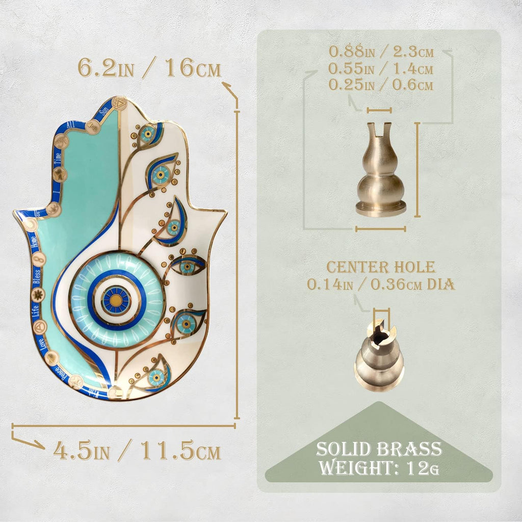 Ceramic Hamsa Hand Incense Holder - 2 in 1 Brass Incense Holder for Sticks and Coil Incense- Zen Decor with Hand of Fatima Design Protection from Evil - 6.2" L X 4.5" W (Blue)