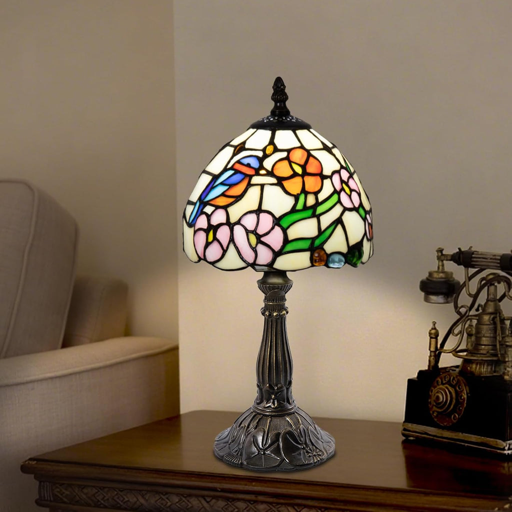 Small Tiffany Style 8 inch Bird Flower Stained Glass Table Lamp