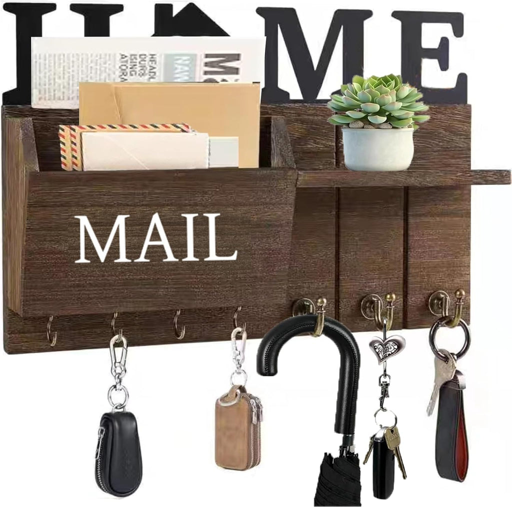 Rustic Wall Key Holder with Shelf & Hooks - Mail Organizer for Entryway | Wooden Key Rack for Keys, Coats, Dog Leash - Brown