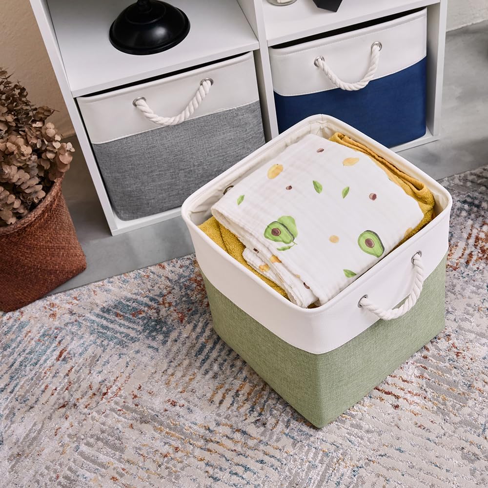 Fabric Storage Cubes 13 x 13, Collapsible Storage Bins for Shelf Baskets, Cube Storage Organizer White Green Bins with Cotton Handles, Foldable Storage Bin box, Cube Storage Bin 6 Pack