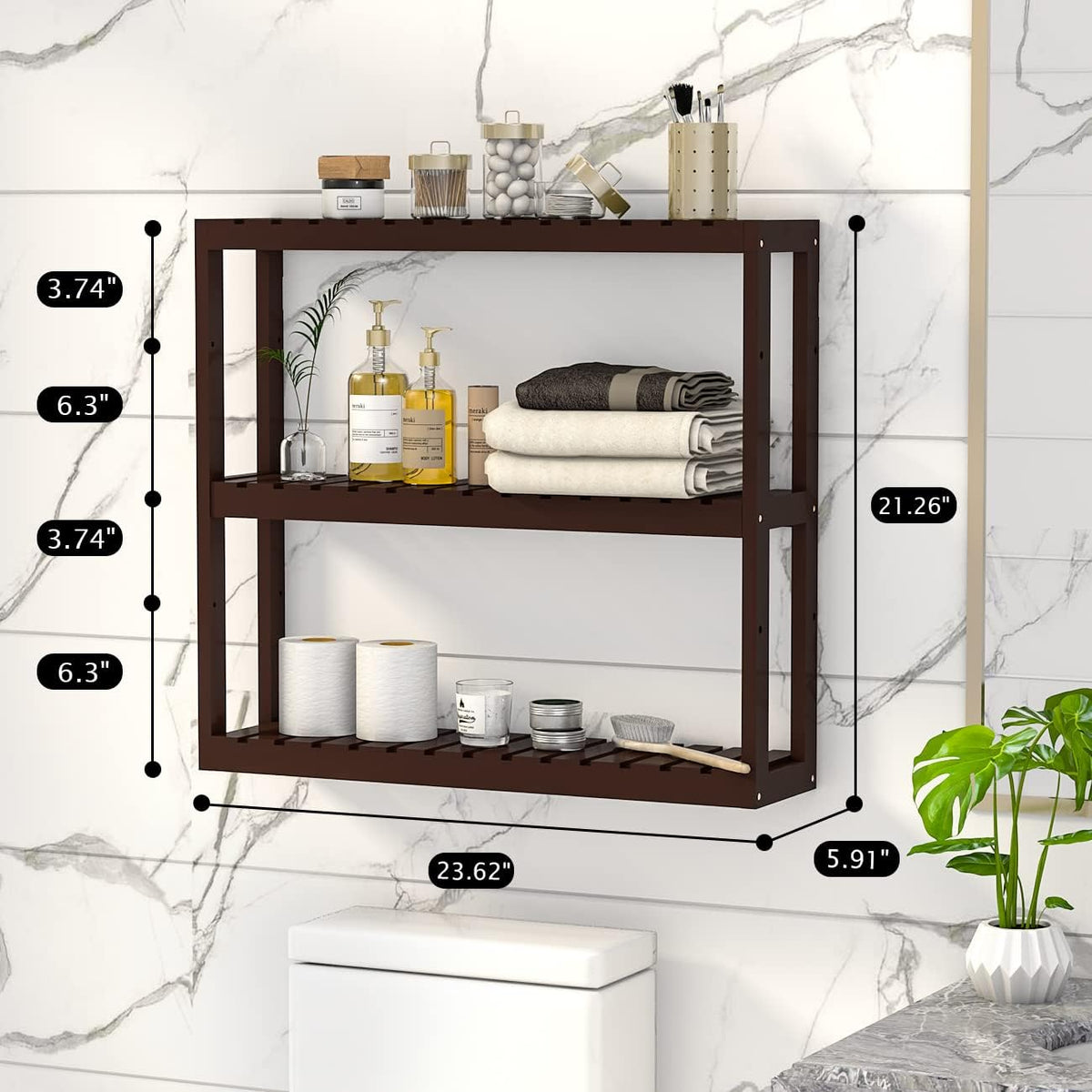 Domax Bamboo Bathroom Shelf 3-Tier Wall Mount Storage Rack Multifunctional Adjustable Layer Free Standing Over Toilet Utility Shelves Living Room Kitchen (Brown)